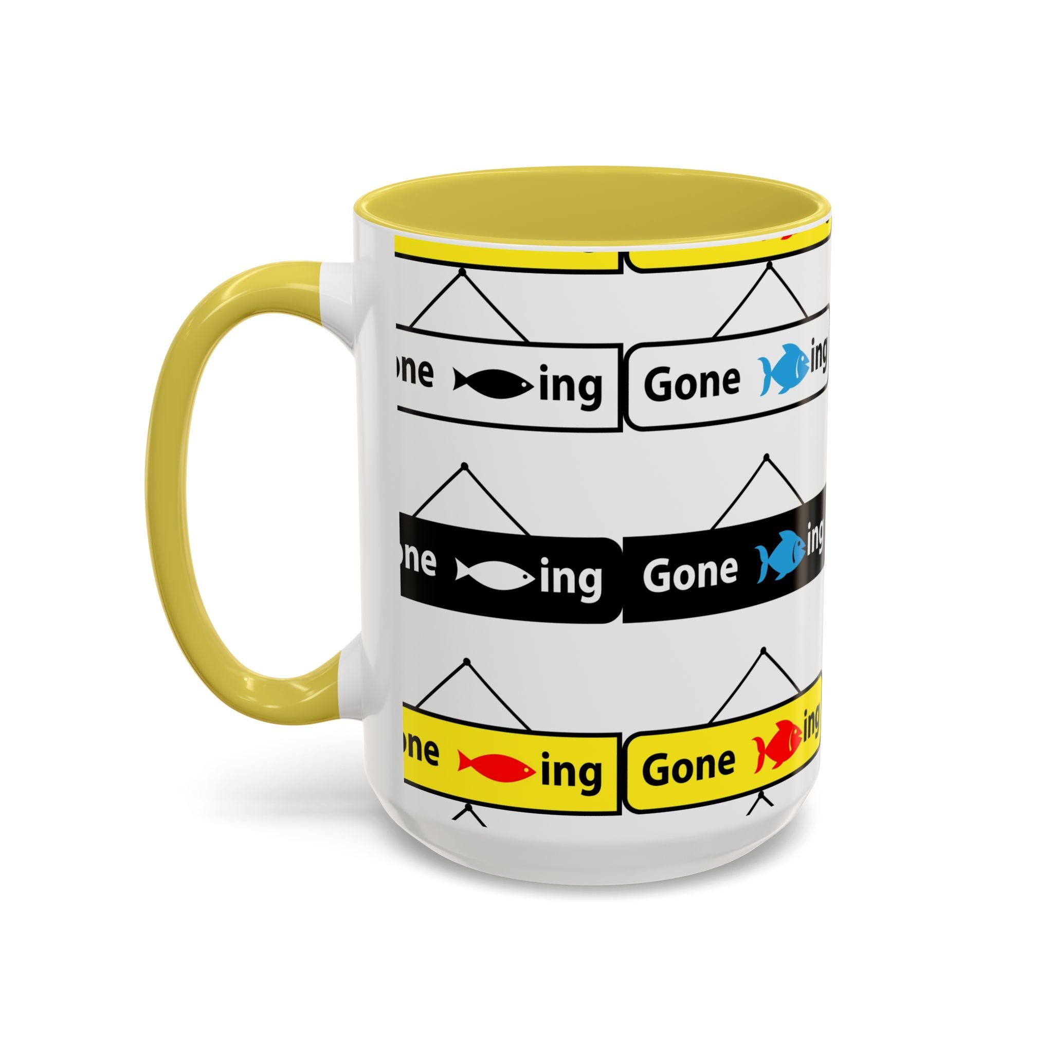 Gone Fishing Mug | Colorful Fish Sign Repeat Pattern, 11oz 15oz