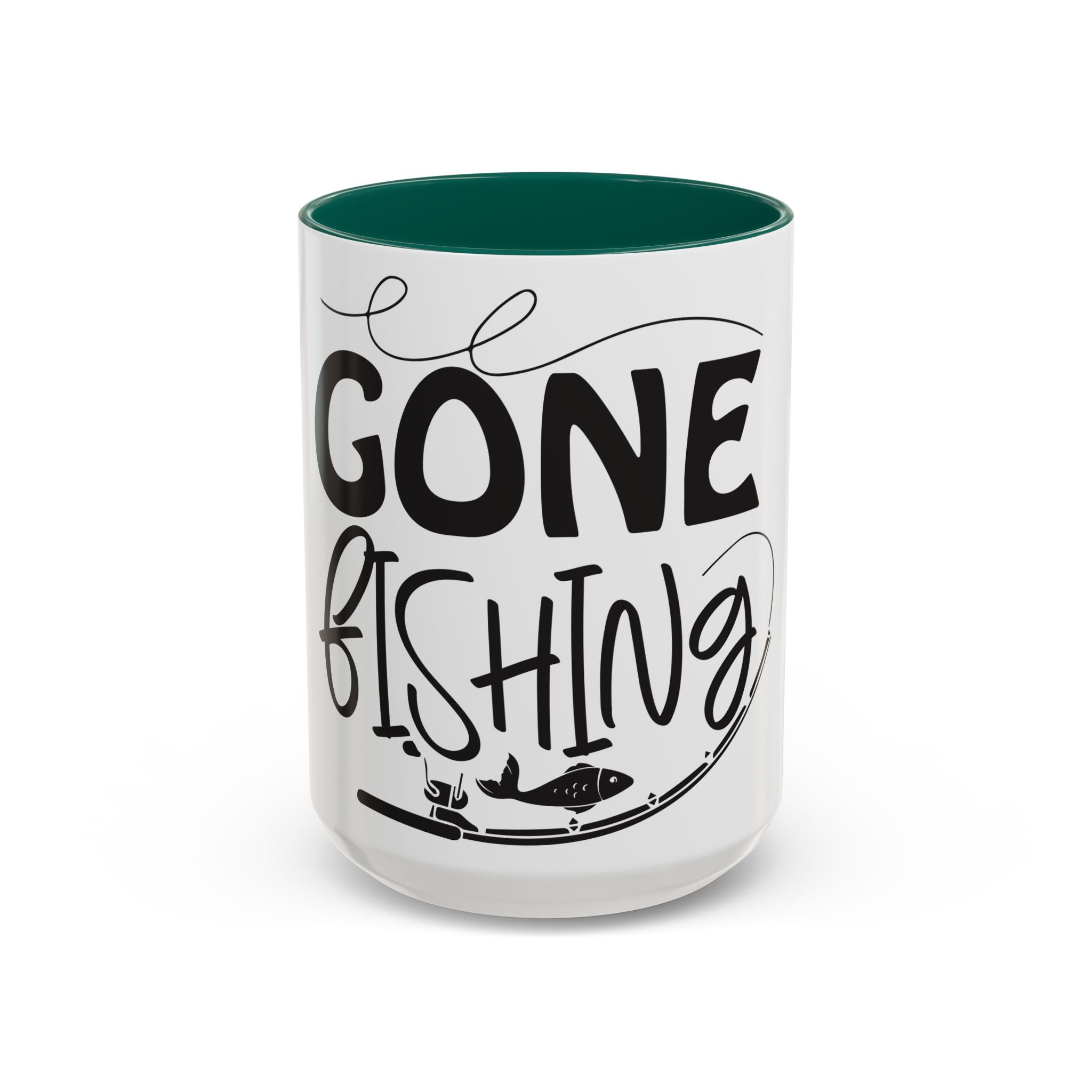 Gone Fishing mug | Fishing typography coffee mug, black handle and rim