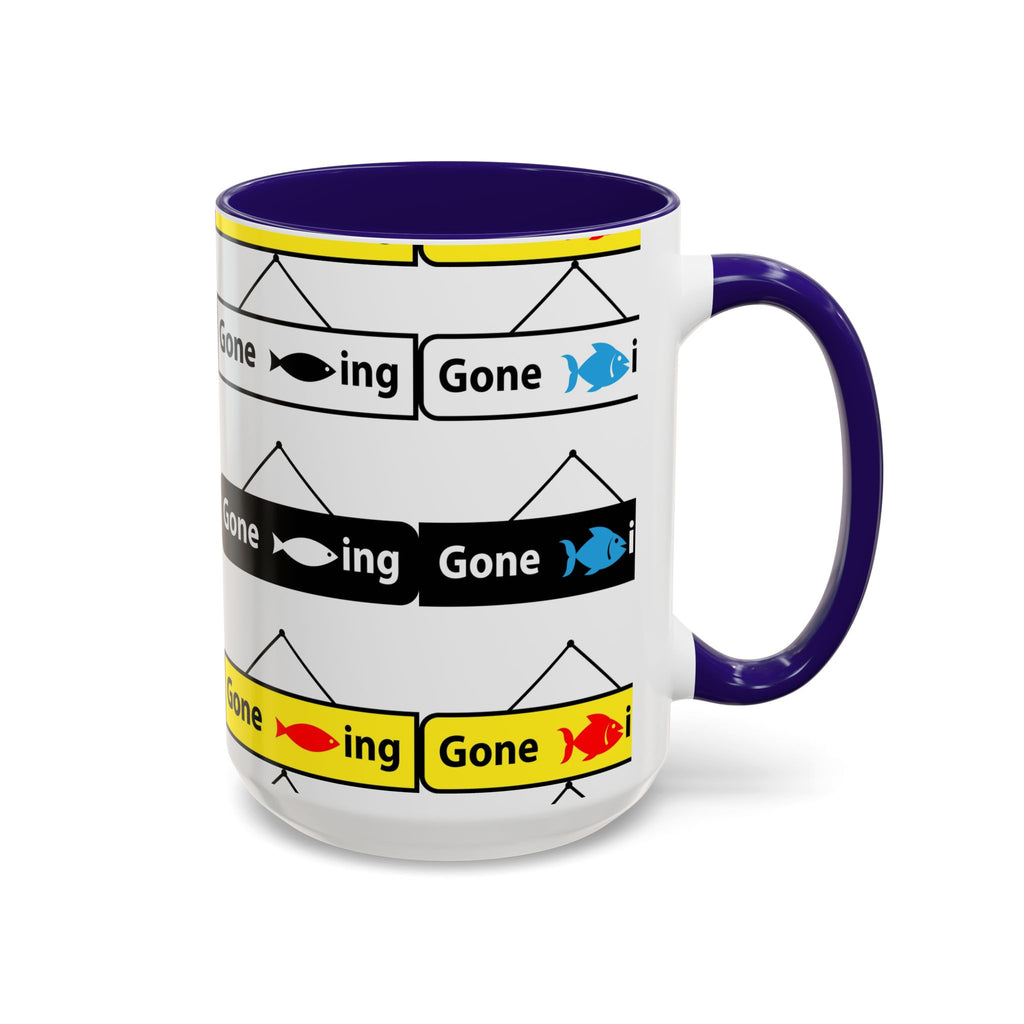 Gone Fishing Mug | Colorful Fish Sign Repeat Pattern, 11oz 15oz