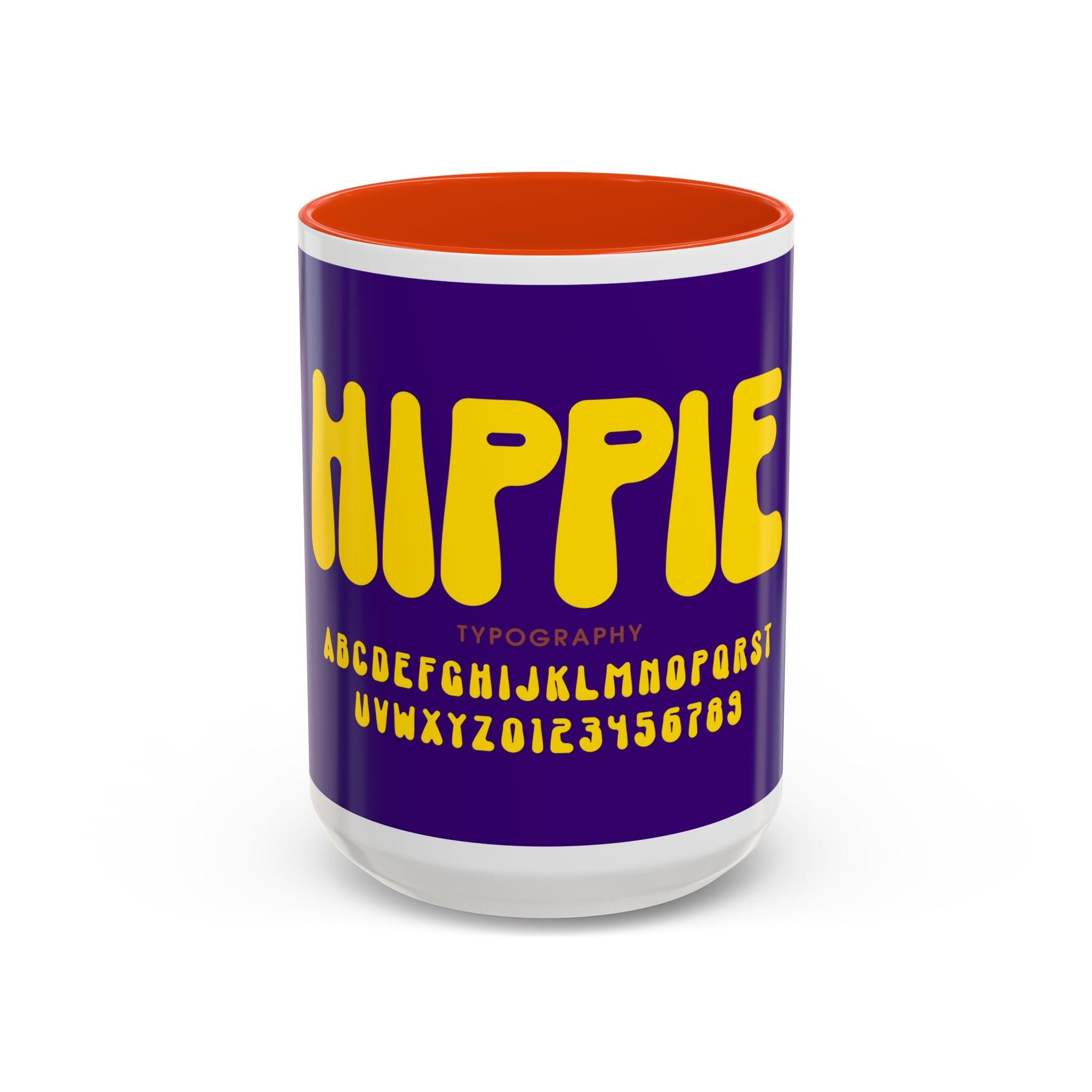 Hippie Typography Mug | Retro 70s Bubble Letters, Purple Yellow 11oz 15oz