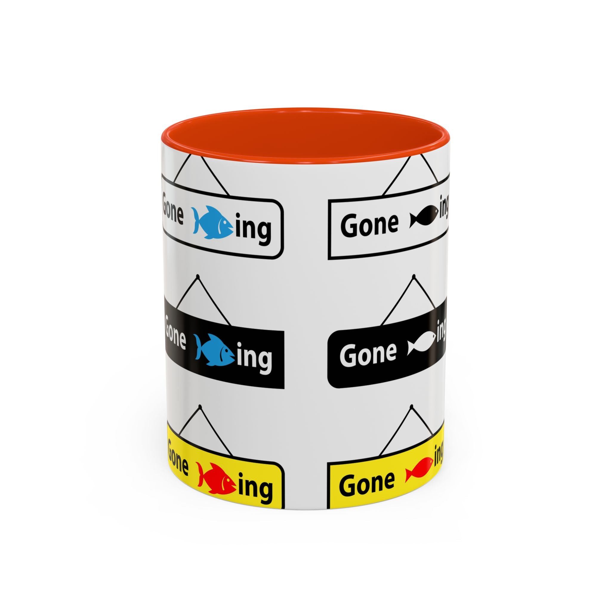 Gone Fishing Mug | Colorful Fish Sign Repeat Pattern, 11oz 15oz
