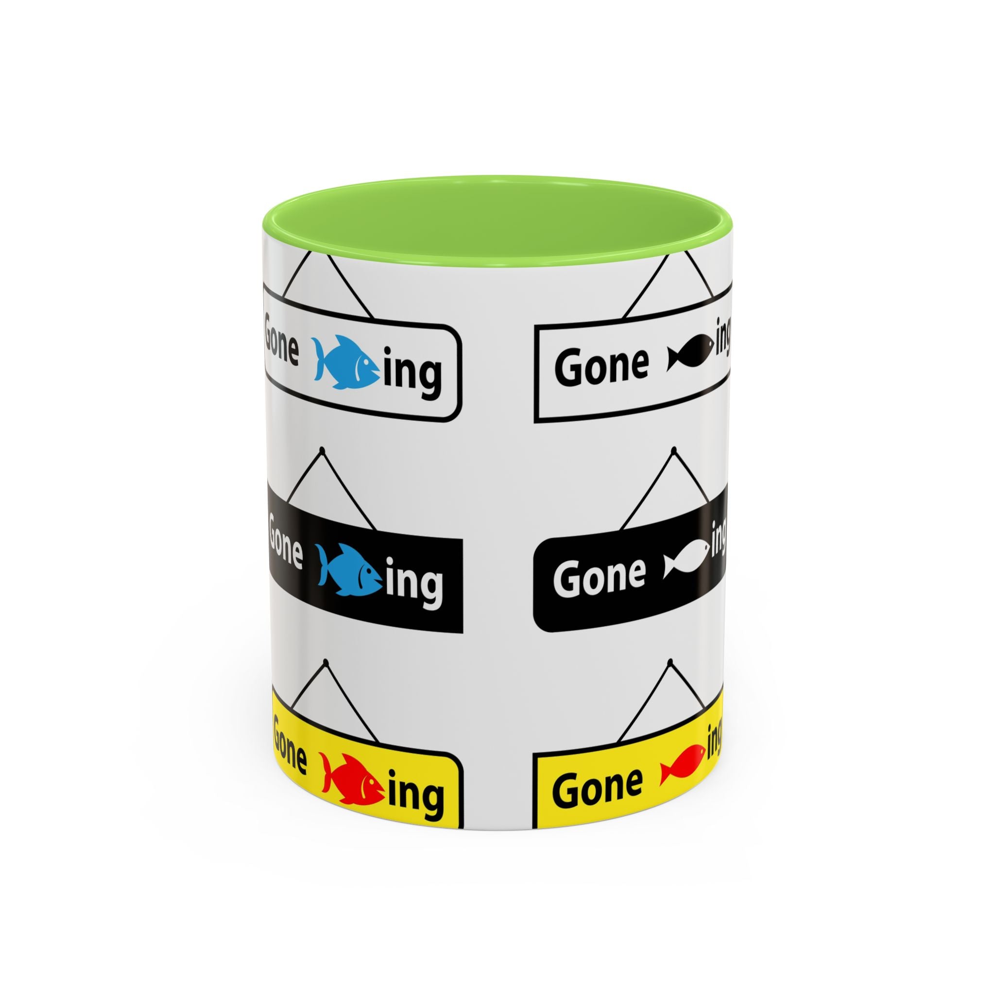 Gone Fishing Mug | Colorful Fish Sign Repeat Pattern, 11oz 15oz