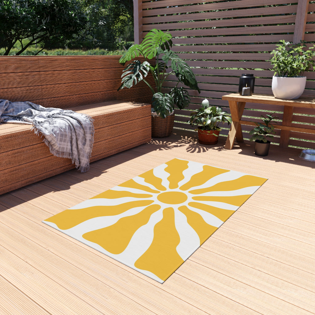 Yellow Sunburst Outdoor Rug | Retro Radiant Sun Pattern Patio Mat