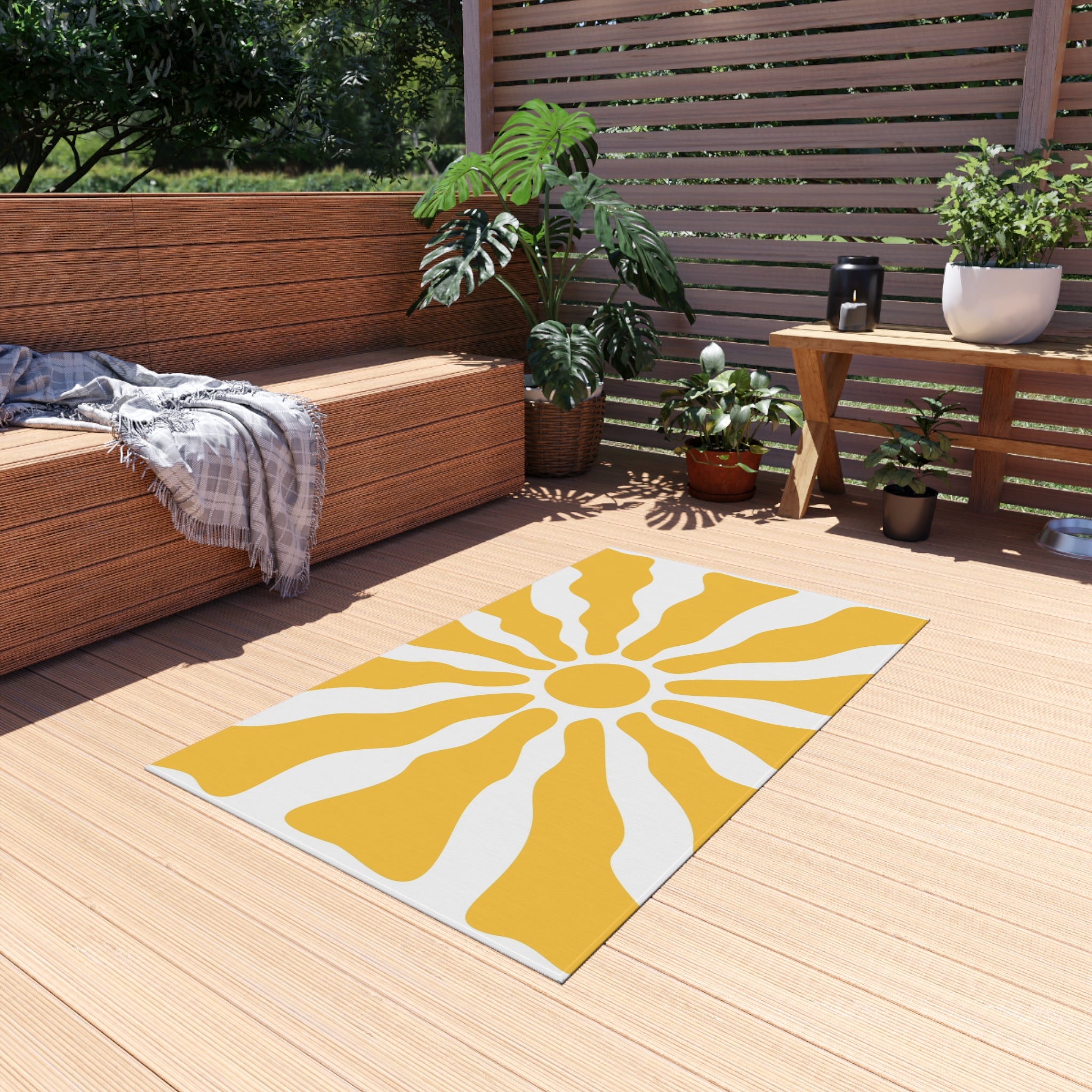 Yellow Sunburst Outdoor Rug | Retro Radiant Sun Pattern Patio Mat