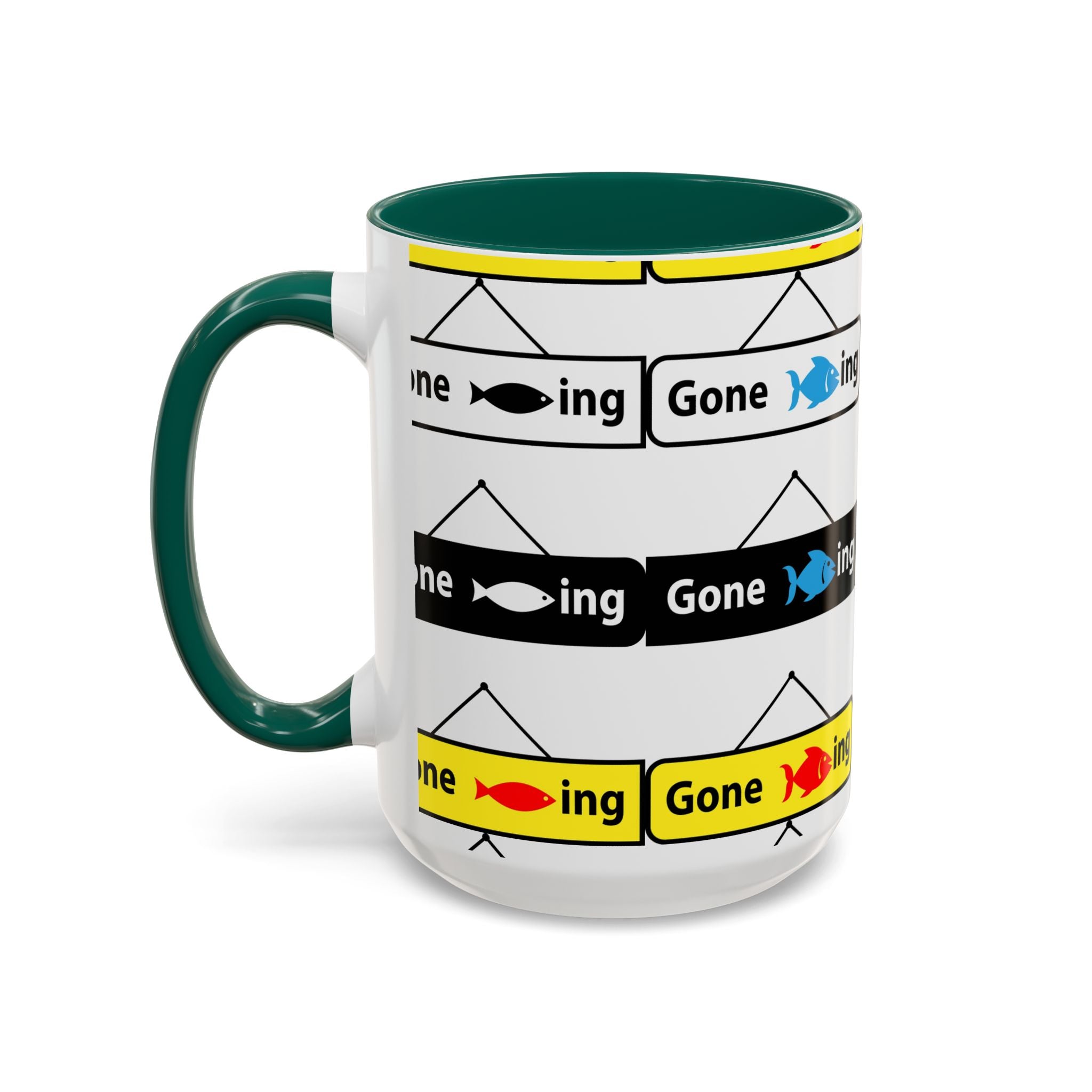Gone Fishing Mug | Colorful Fish Sign Repeat Pattern, 11oz 15oz