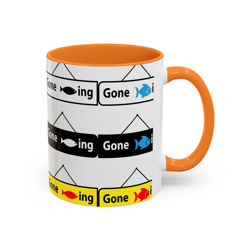 Gone Fishing Mug | Colorful Fish Sign Repeat Pattern, 11oz 15oz
