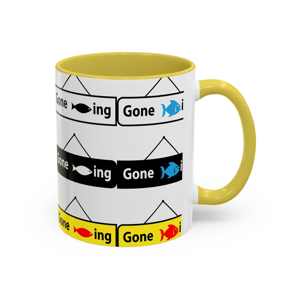 Gone Fishing Mug | Colorful Fish Sign Repeat Pattern, 11oz 15oz