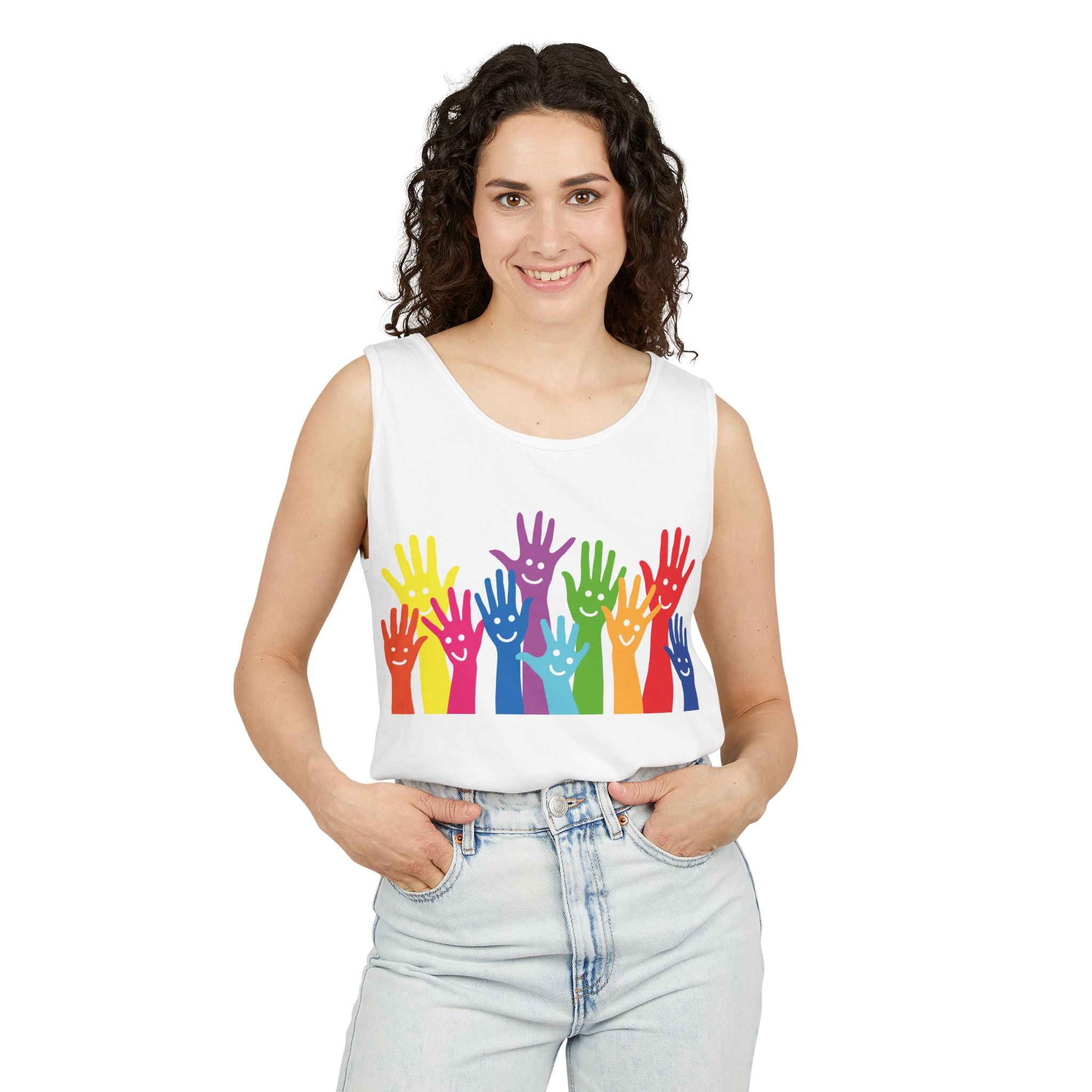 Colorful Raised Hands Pride Rainbow Tank Top | Inclusive Community Design