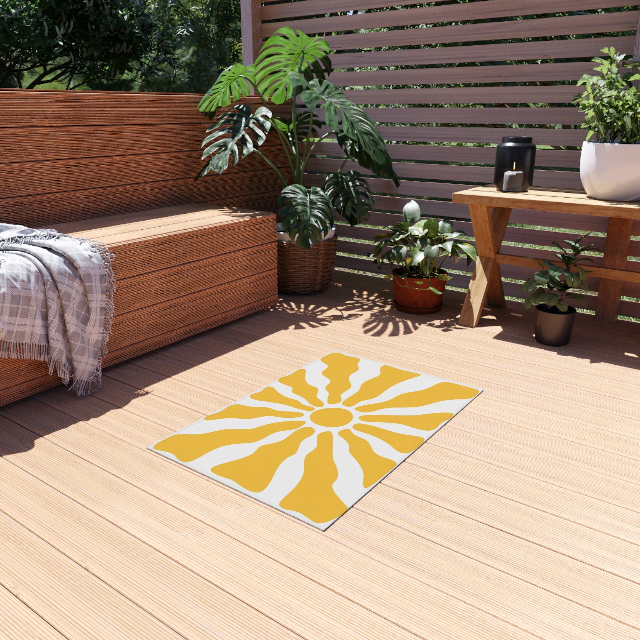 Yellow Sunburst Outdoor Rug | Retro Radiant Sun Pattern Patio Mat