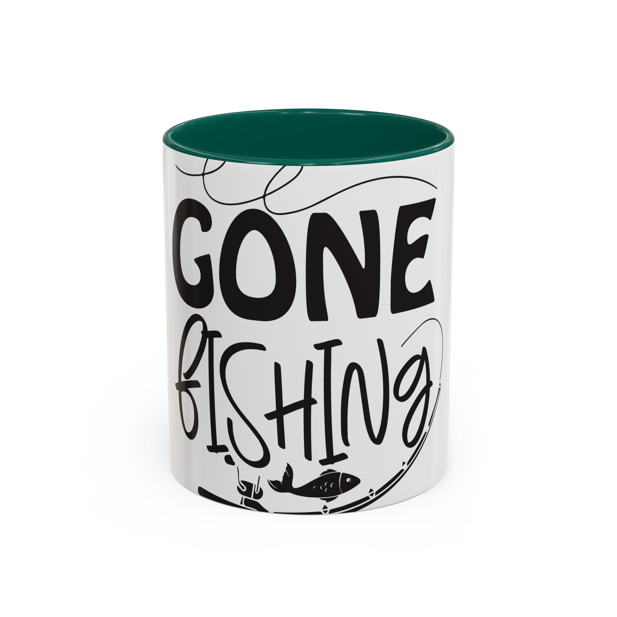 Gone Fishing mug | Fishing typography coffee mug, black handle and rim
