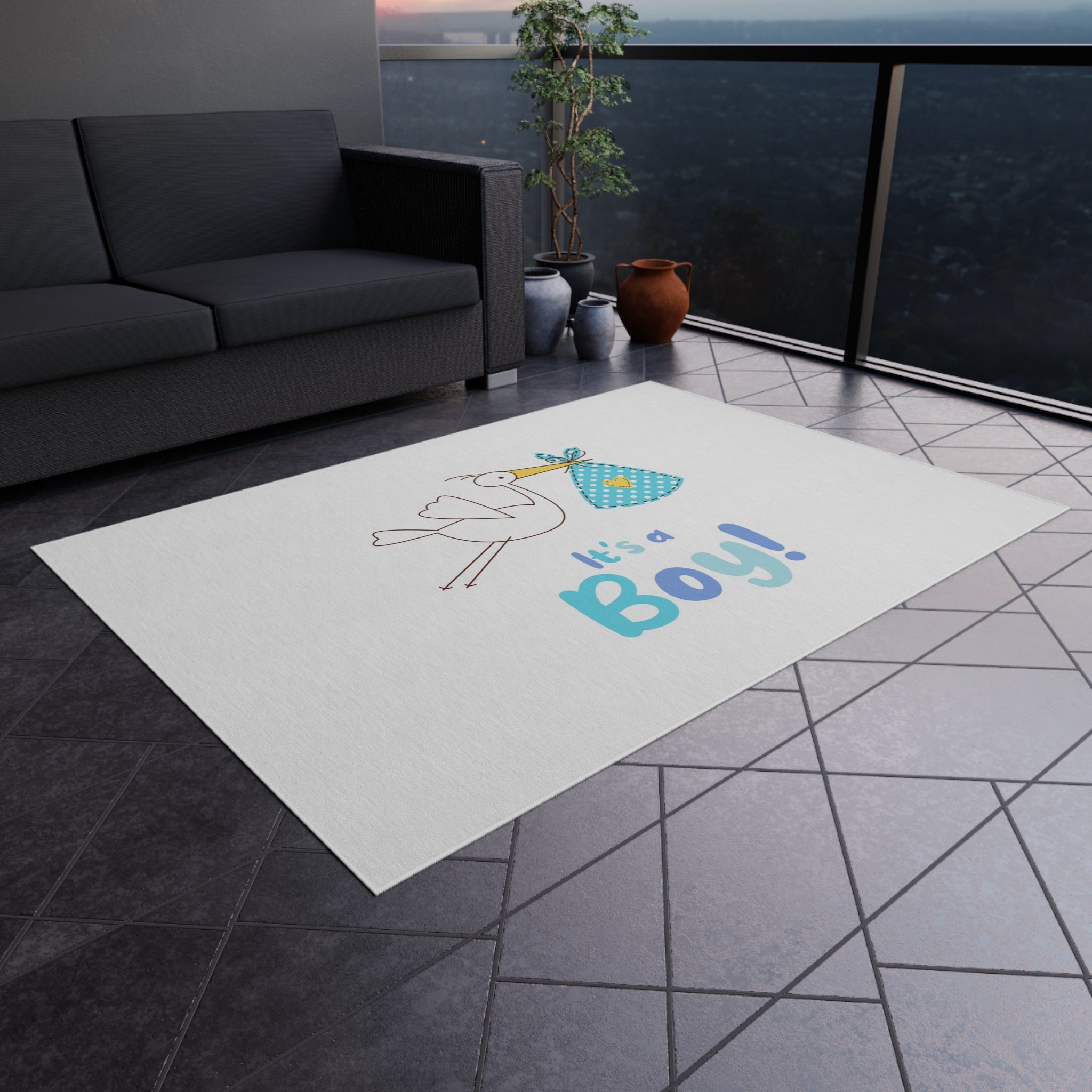It's a Boy stork illustration Outdoor Rug | baby shower nursery decor