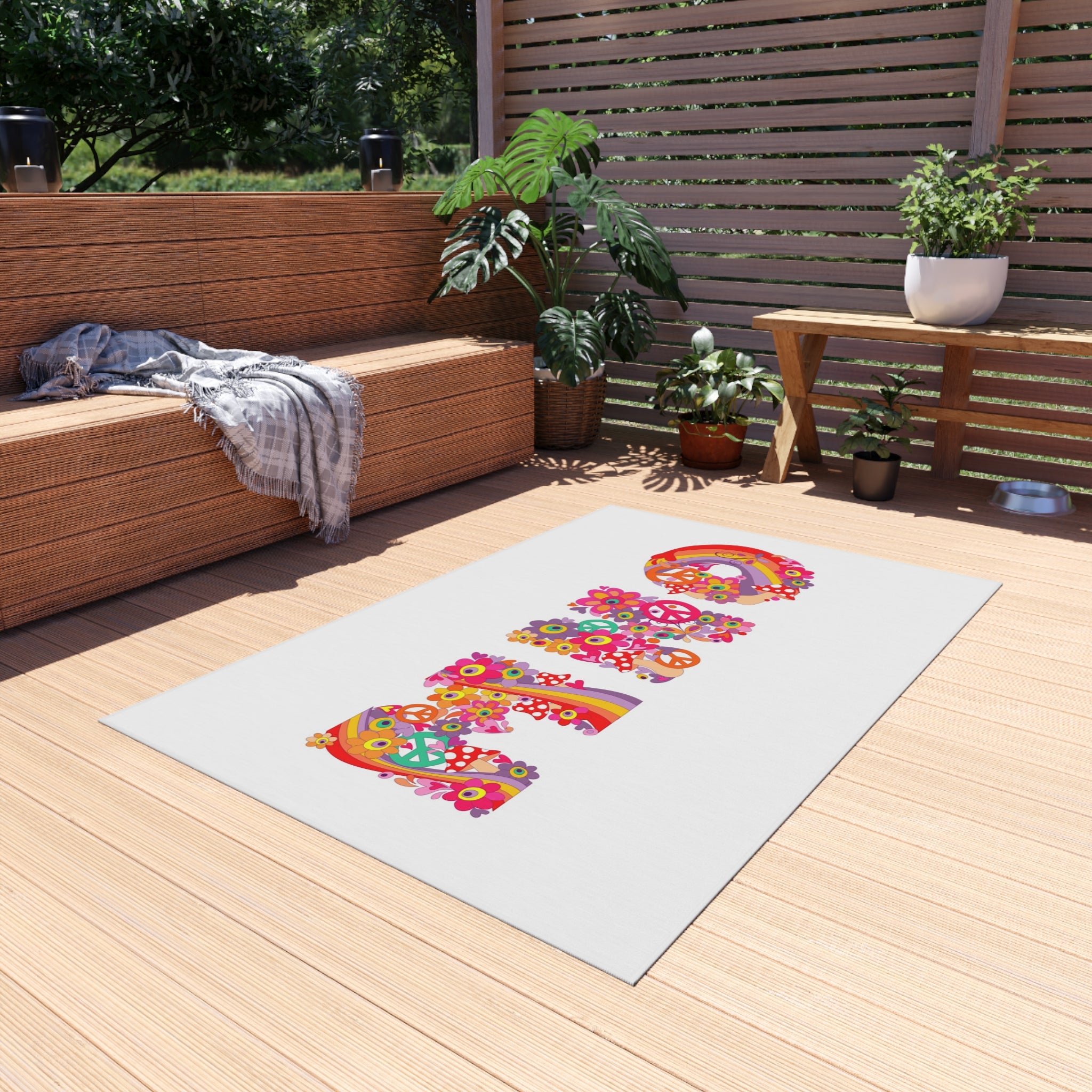 Retro Floral 'MHO' Lettering Outdoor Rug | Hippie Flower Power Doormat