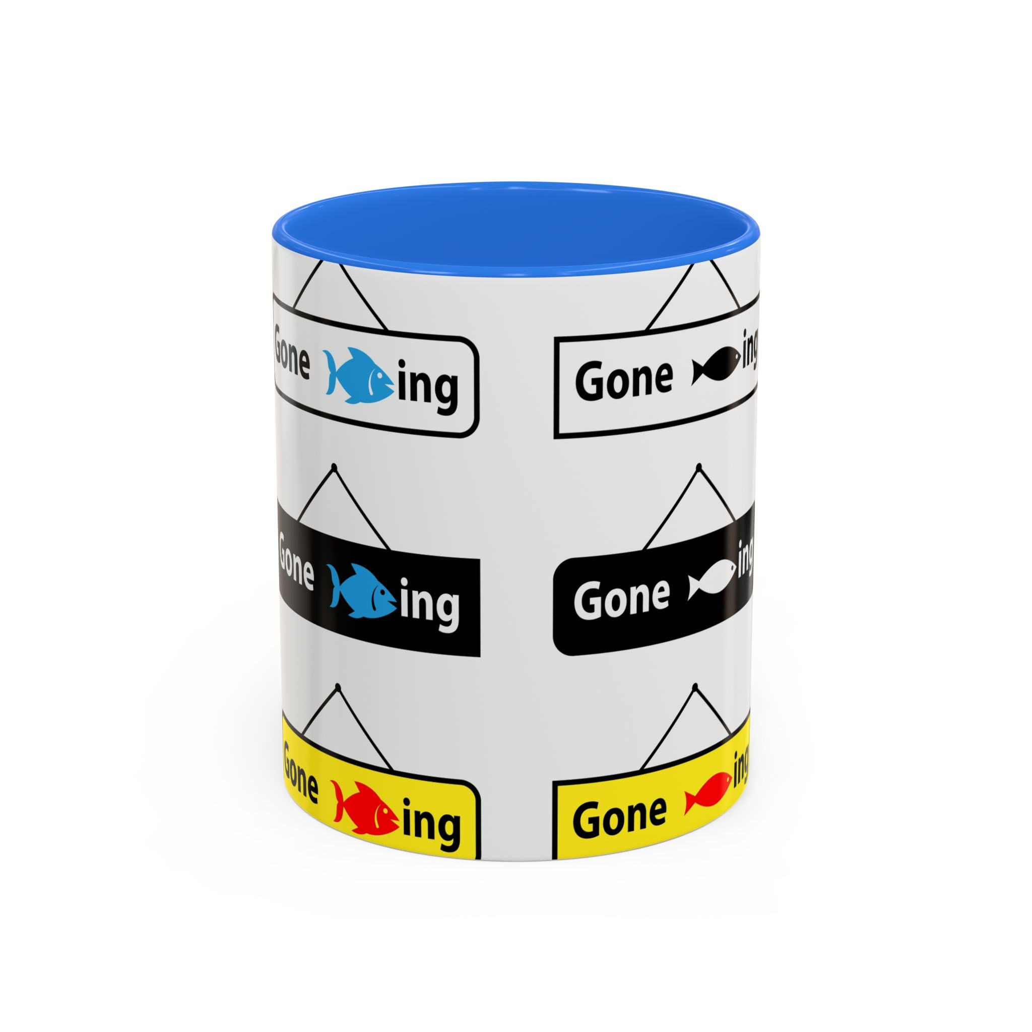 Gone Fishing Mug | Colorful Fish Sign Repeat Pattern, 11oz 15oz
