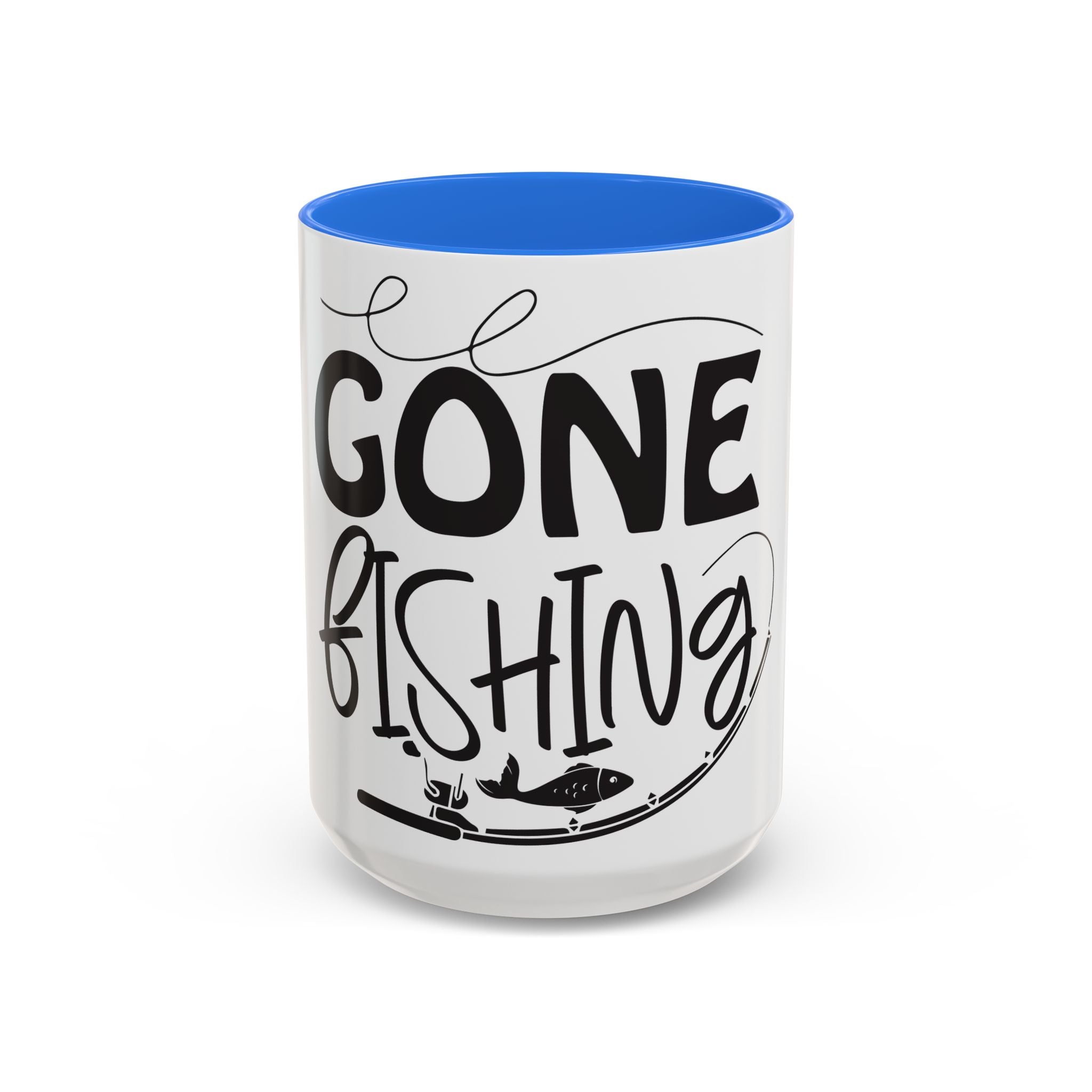 Gone Fishing mug | Fishing typography coffee mug, black handle and rim