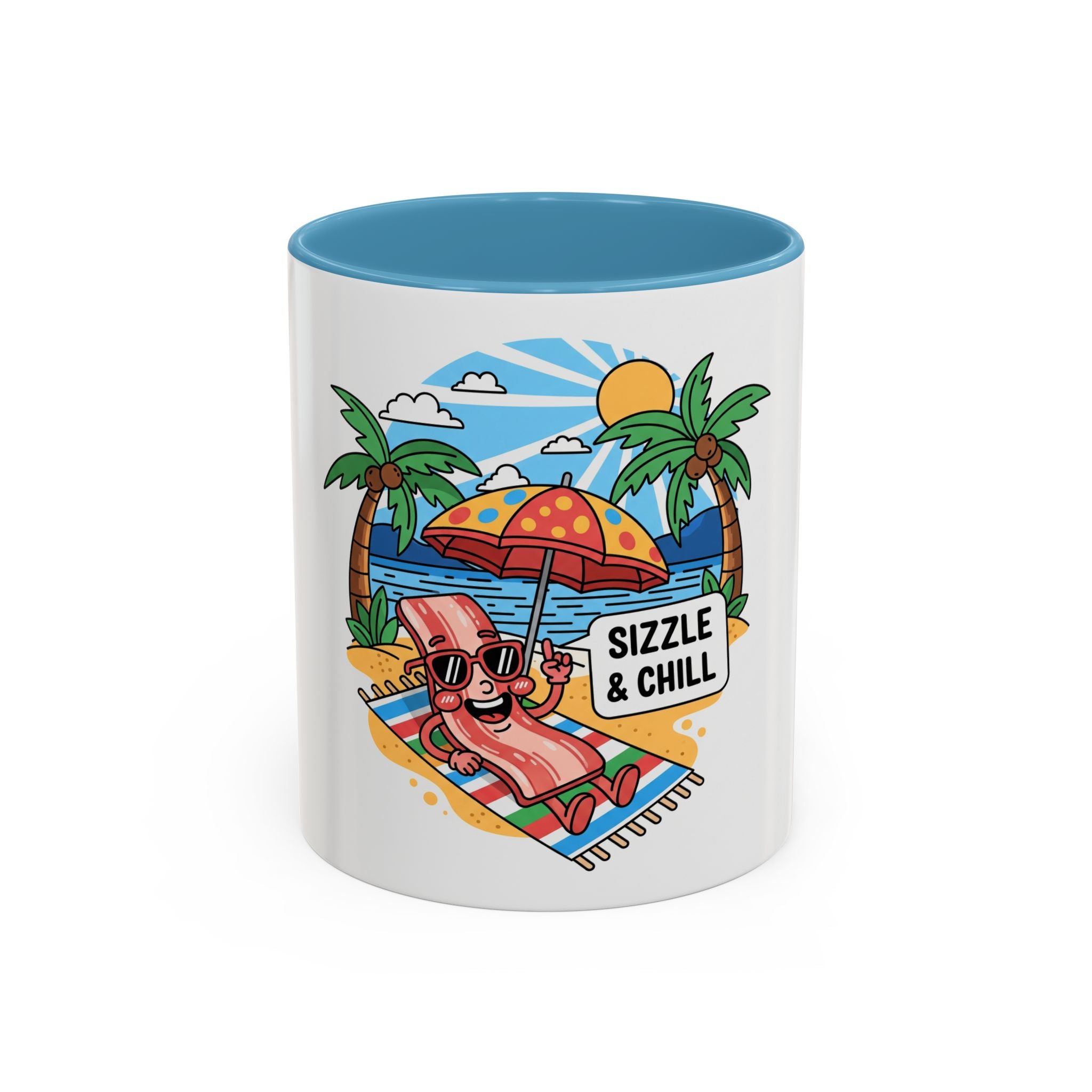 Sizzle & Chill Bacon Sunbathing Cartoon Accent Coffee Mug | 11oz or 15oz