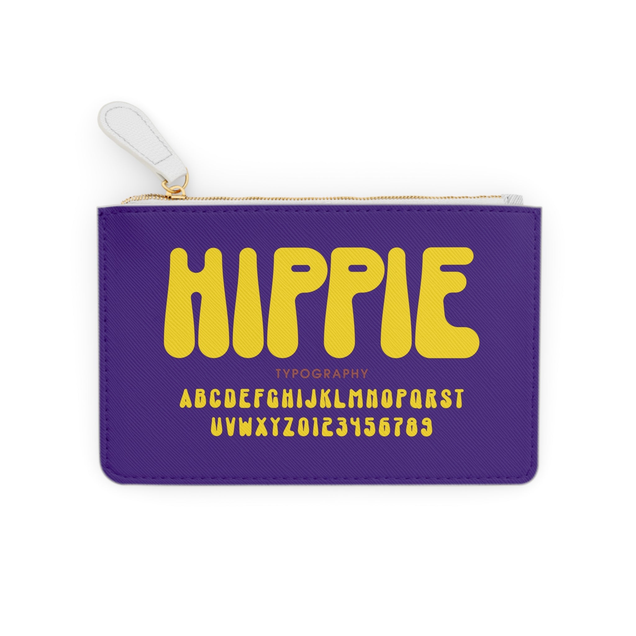 Hippie Typography Mini Clutch Bag | Retro Yellow Letters on Purple
