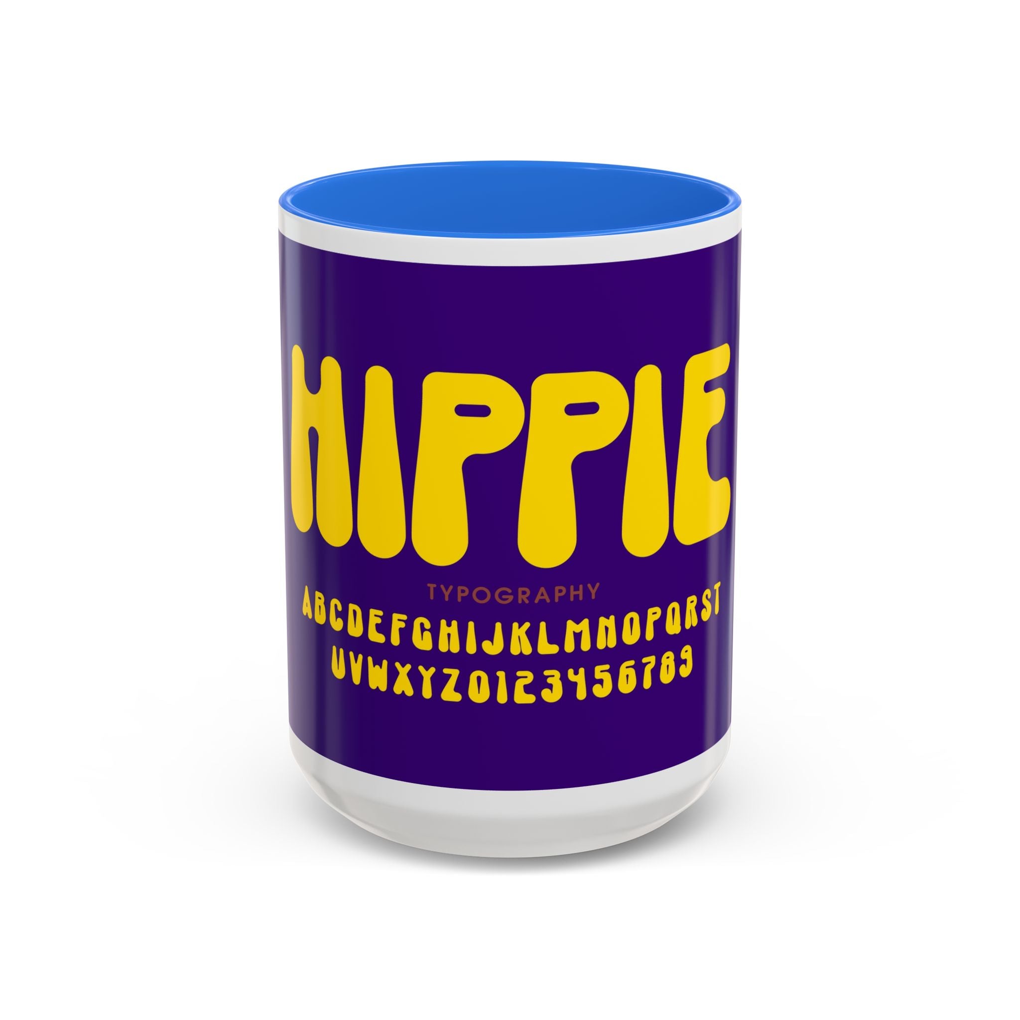 Hippie Typography Mug | Retro 70s Bubble Letters, Purple Yellow 11oz 15oz