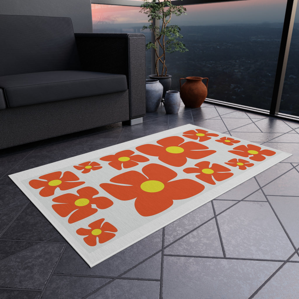 Retro Orange Flower Pattern Outdoor Rug | Mid Century Floral Patio Mat