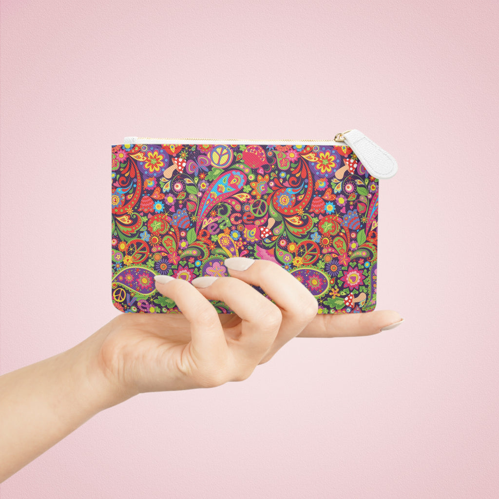 Psychedelic Paisley Peace Symbols Mini Clutch Bag | Floral 60s Hippie Print