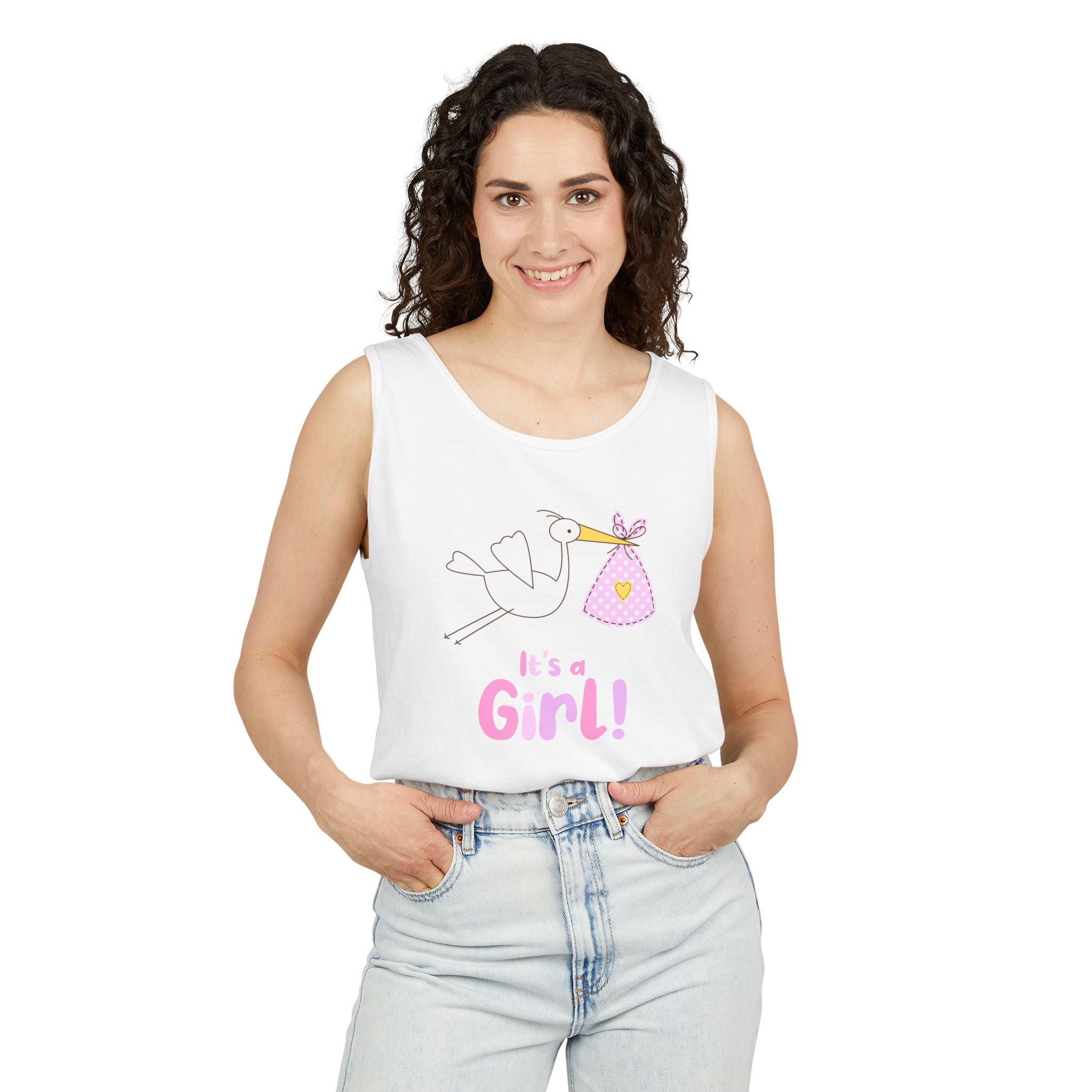 Stork Carrying Pink Bundle It's a Girl tank top | Baby Announcement