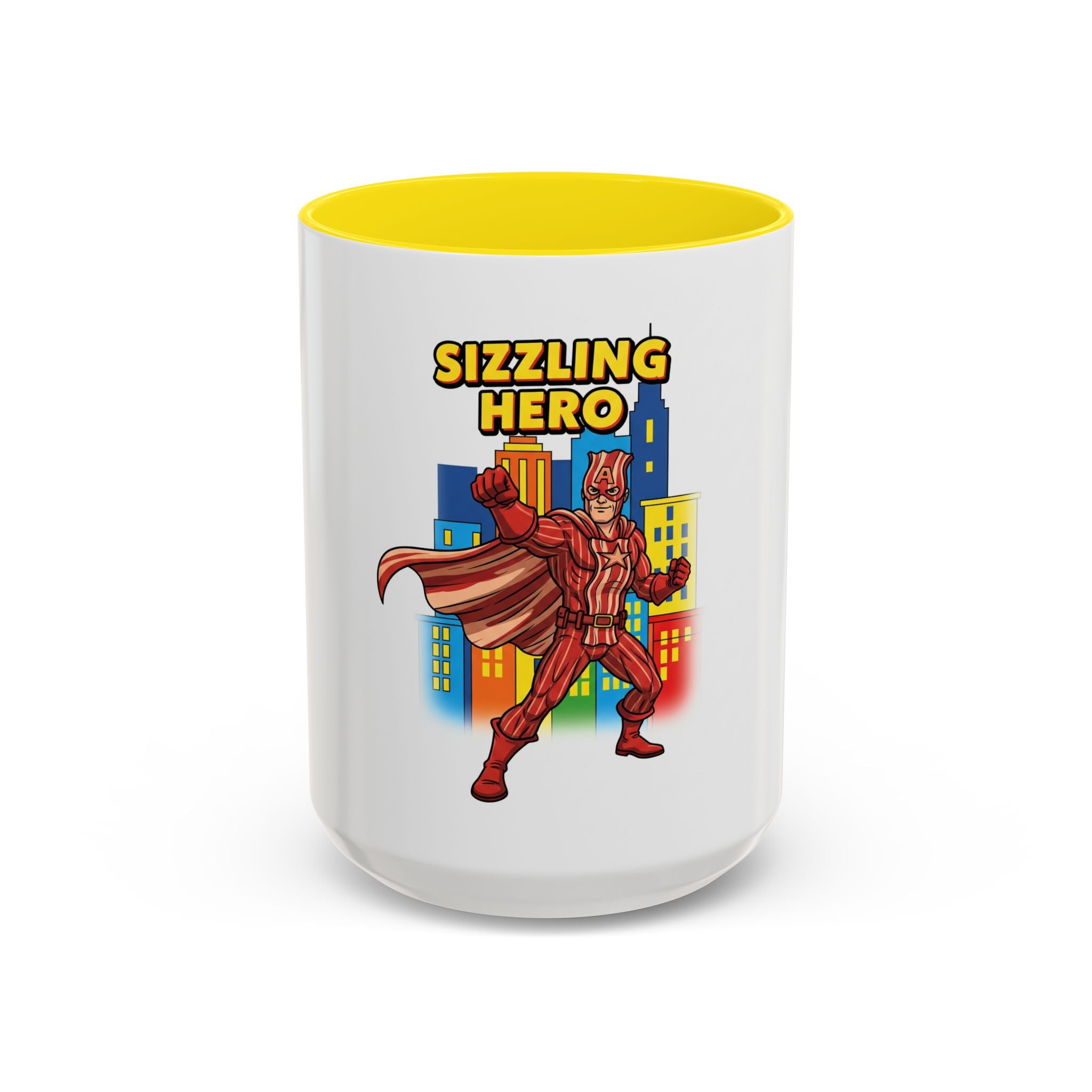 Sizzling Hero Mug | Accent Coffee Mug 11oz 15oz, Superhero City Design