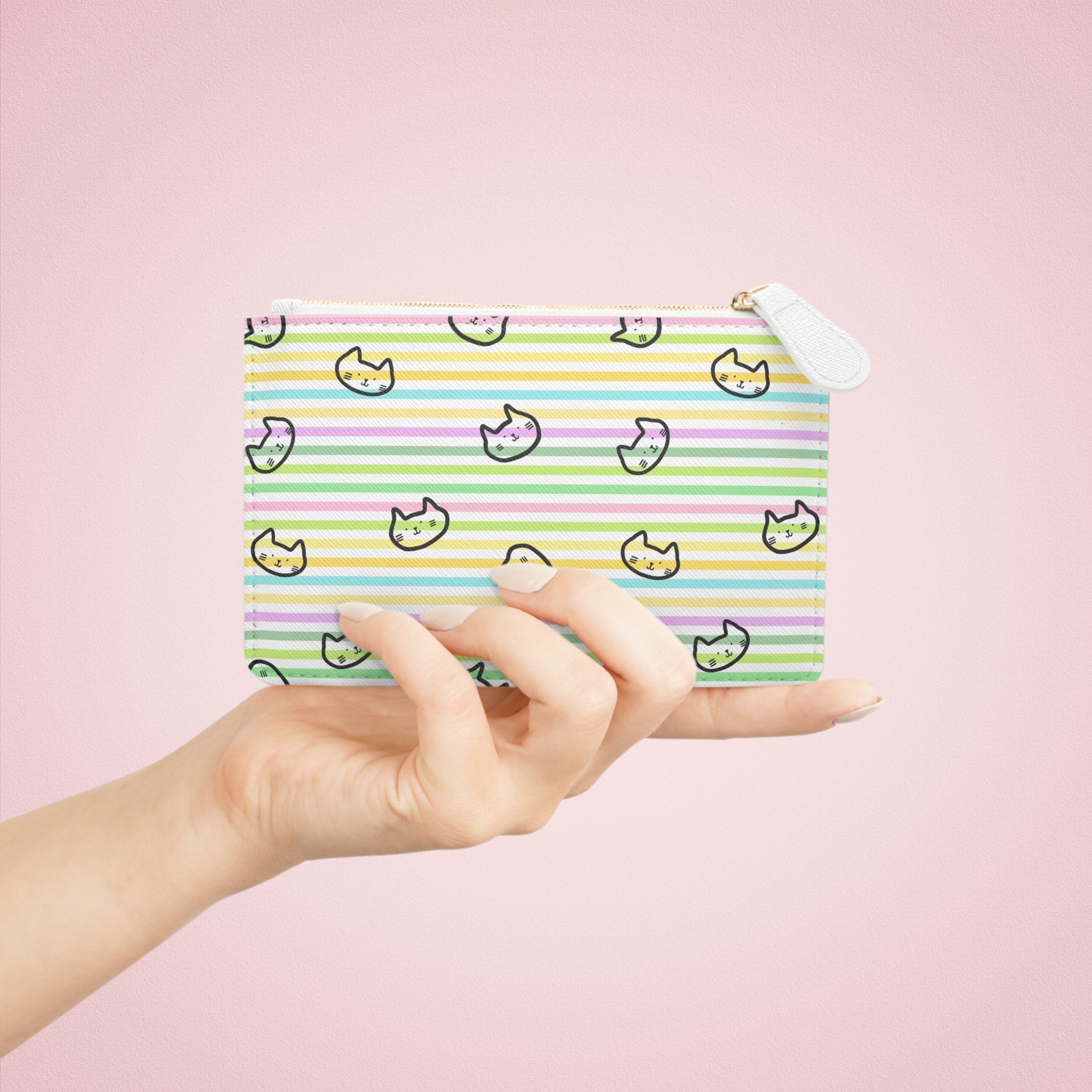 Pastel Striped Cat Faces Mini Clutch Bag | Cute Kitty Pattern