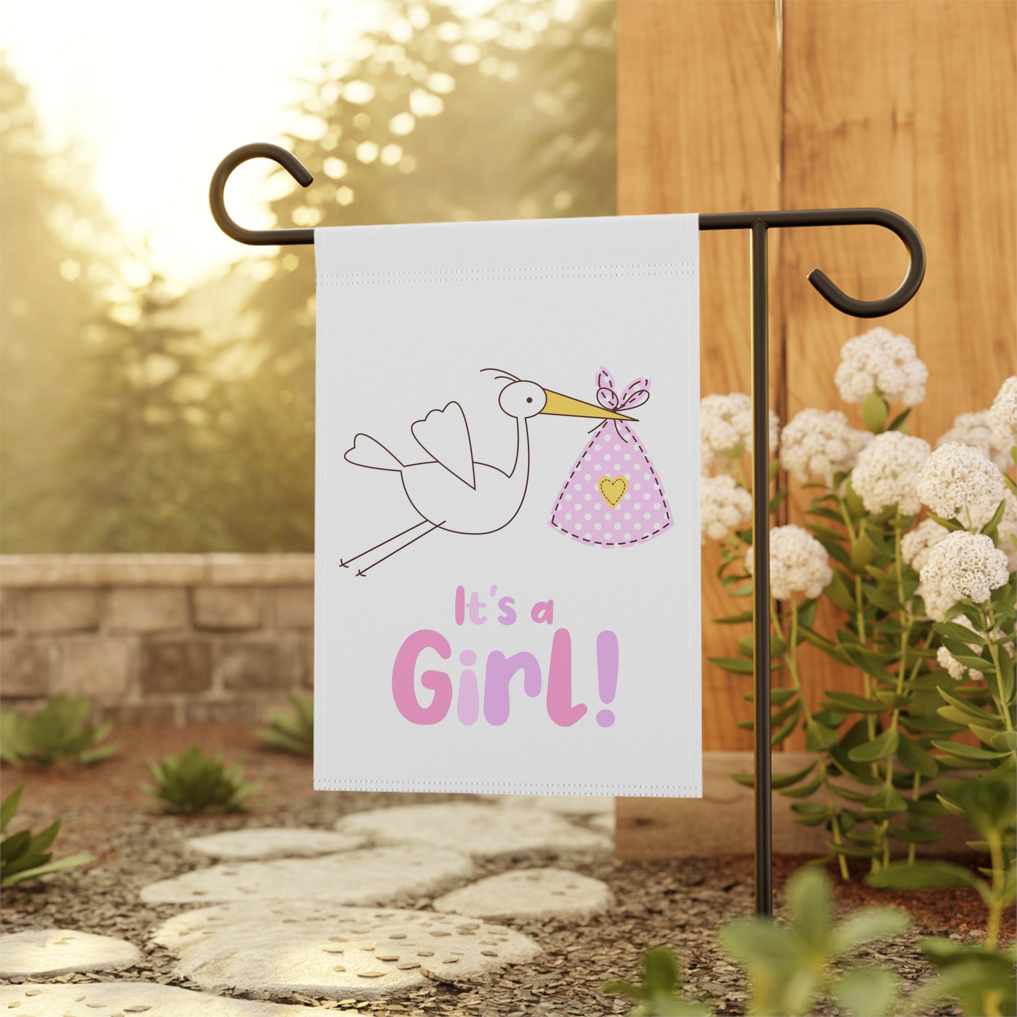 Stork with Pink Bundle It's a Girl! Garden Flag | House Banner