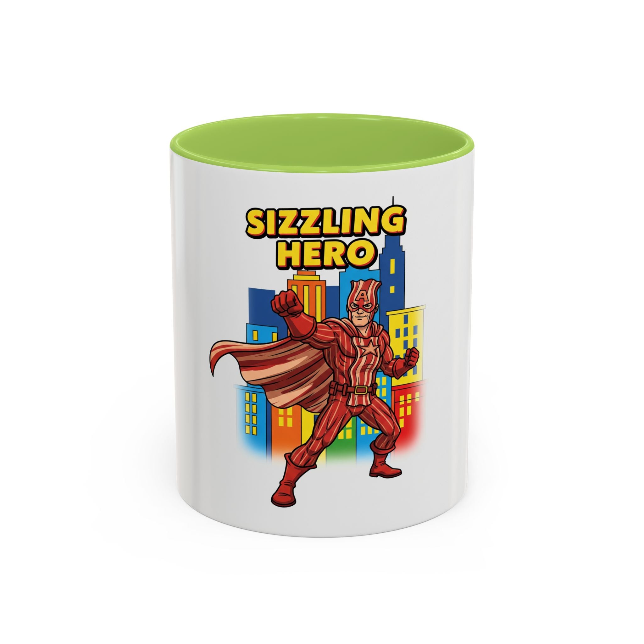 Sizzling Hero Mug | Accent Coffee Mug 11oz 15oz, Superhero City Design