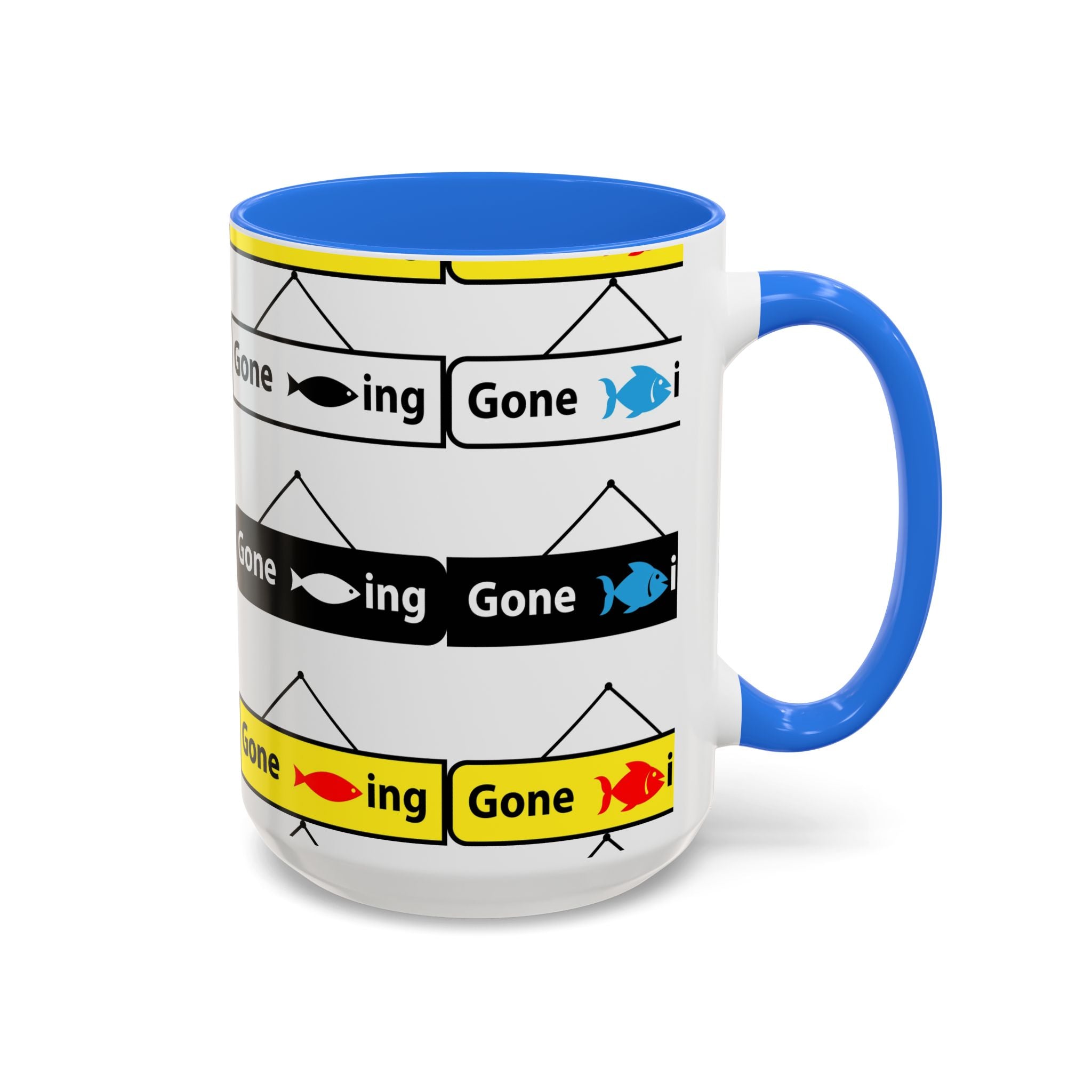 Gone Fishing Mug | Colorful Fish Sign Repeat Pattern, 11oz 15oz