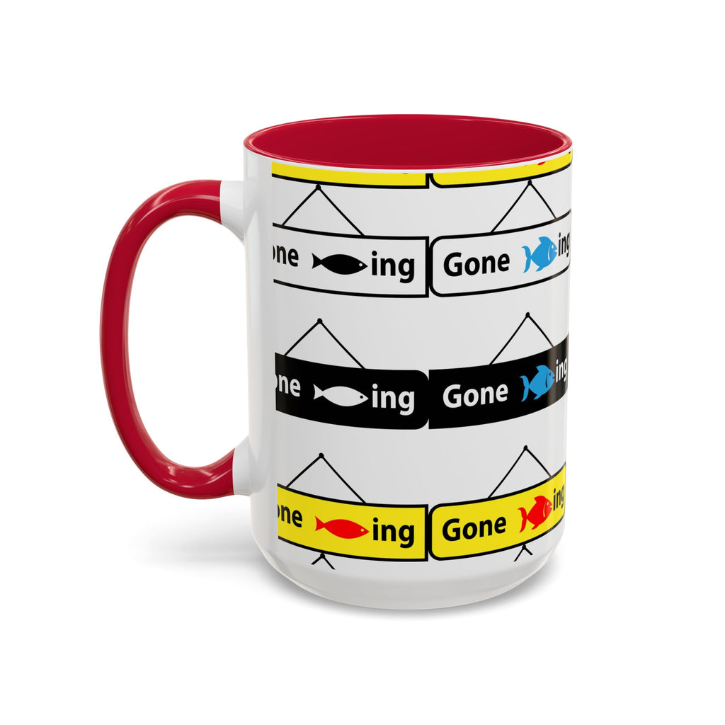 Gone Fishing Mug | Colorful Fish Sign Repeat Pattern, 11oz 15oz