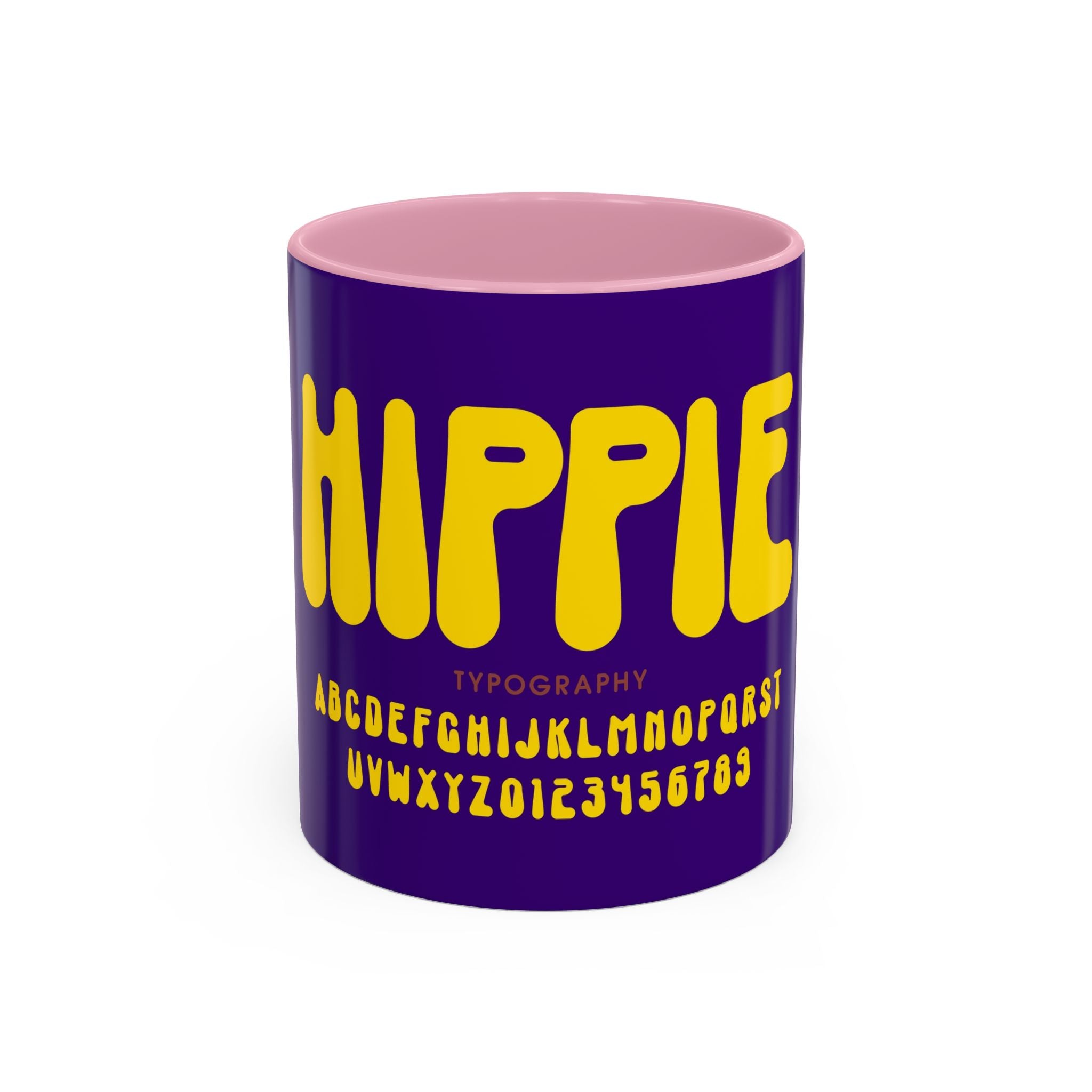 Hippie Typography Mug | Retro 70s Bubble Letters, Purple Yellow 11oz 15oz